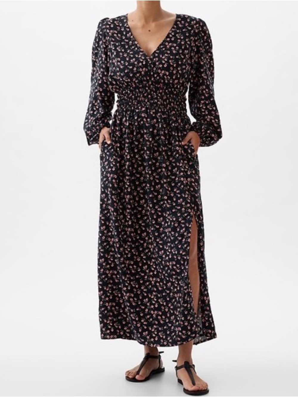 GAP Black Maxi Dress with Pink Floral Print and Side Slit